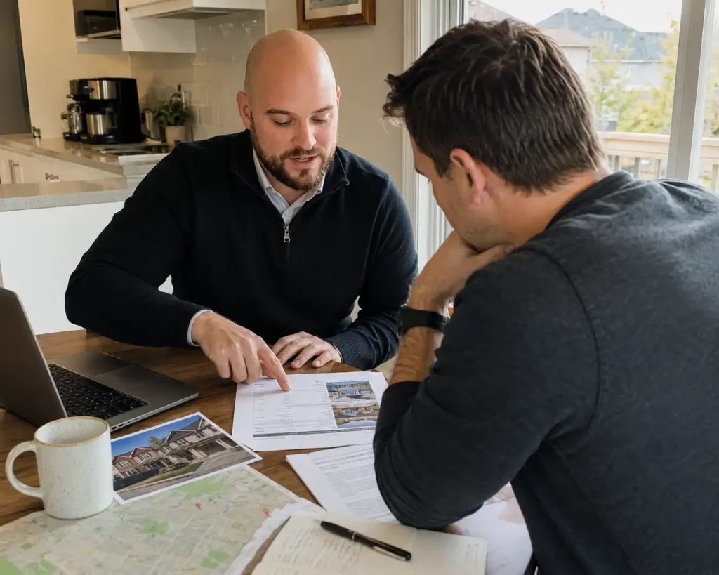 Nick Labrosse, Real estate agent reviewing a home value report with a homeowner at a kitchen table in an Ottawa home